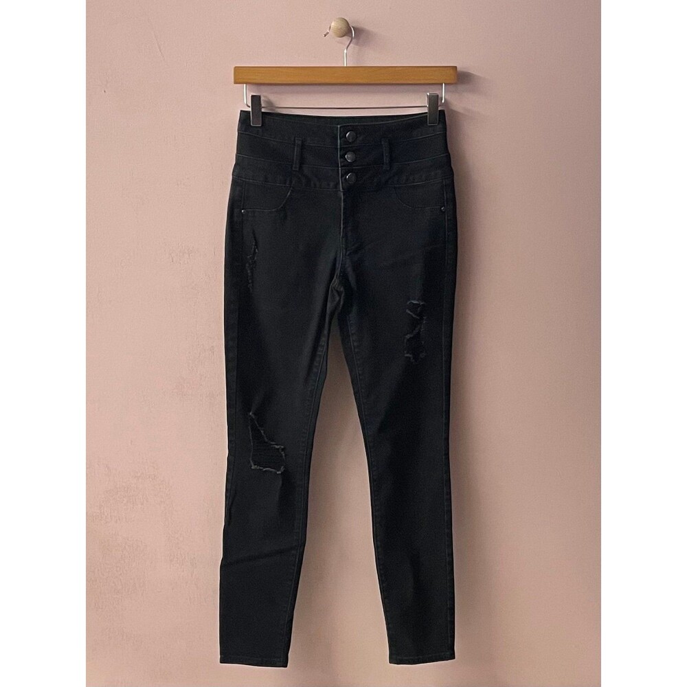 Charlotte Russe Black Distressed 3-Button High Waisted Skinny Jeans Size 2